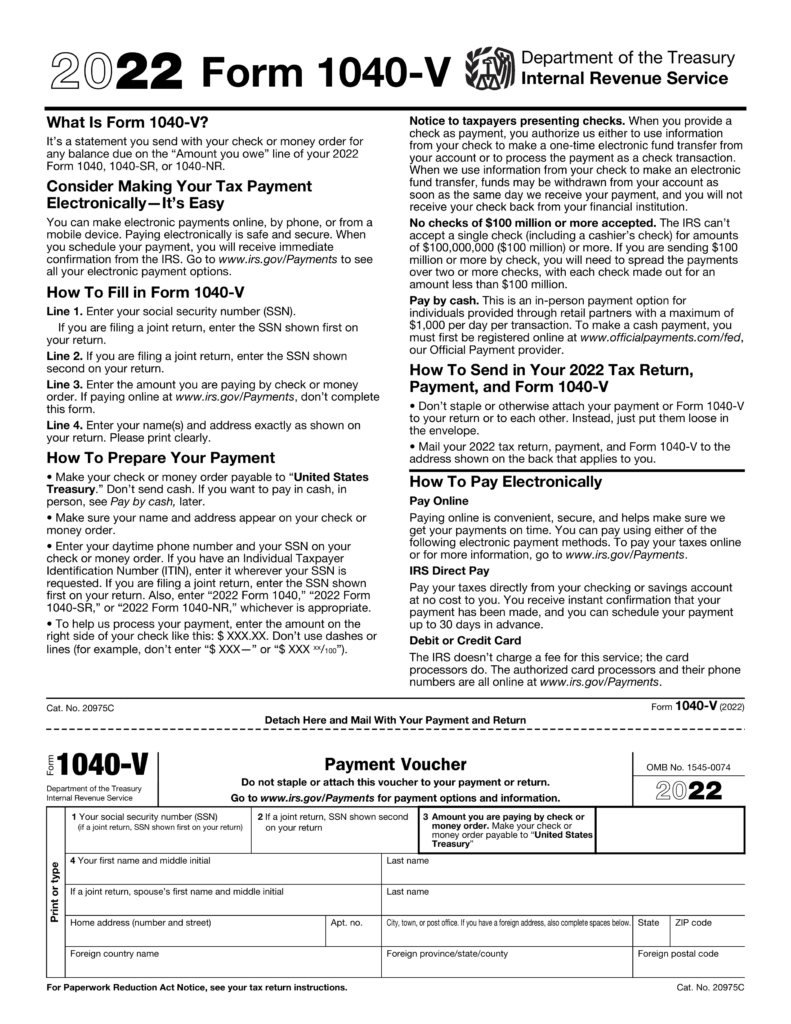 Filled out IRS Form 1040-V payment voucher