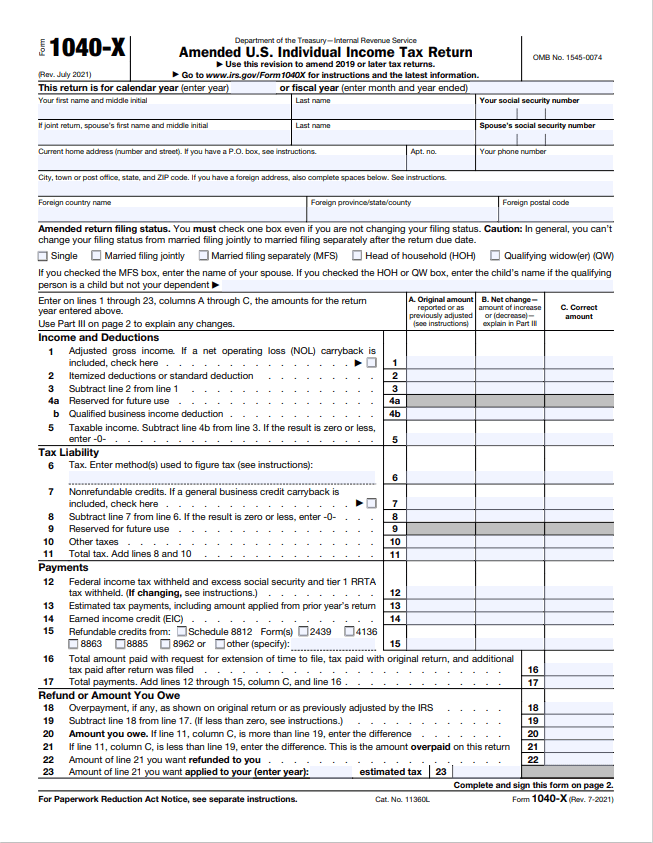 Complete Form 1040X example