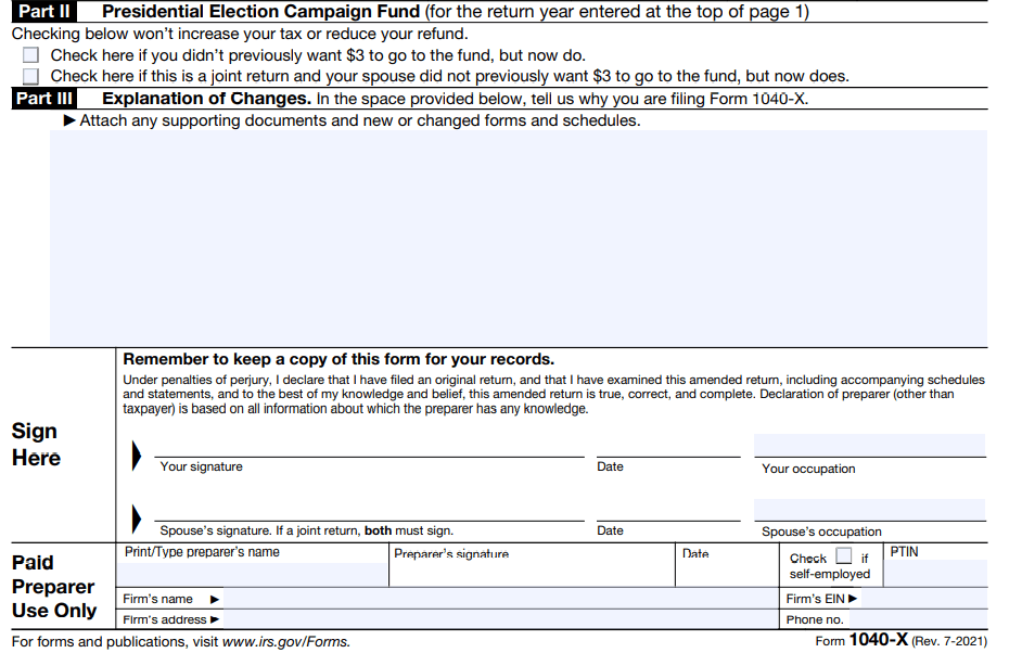 Part II and Part II Form 1040X example