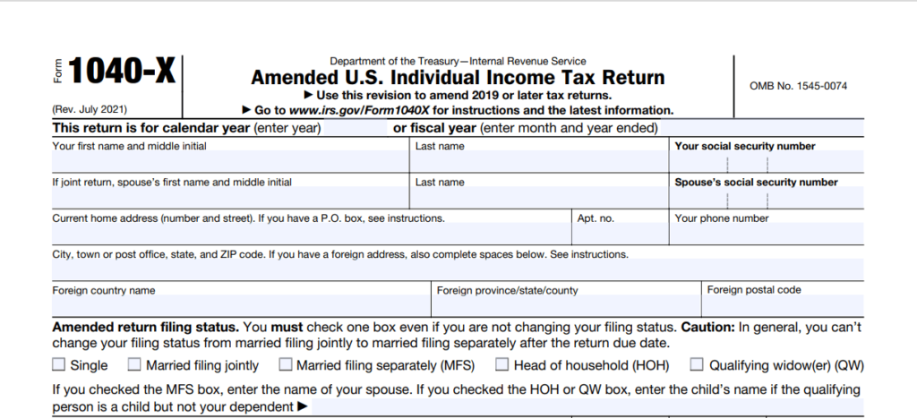 Part one Form 1040X example