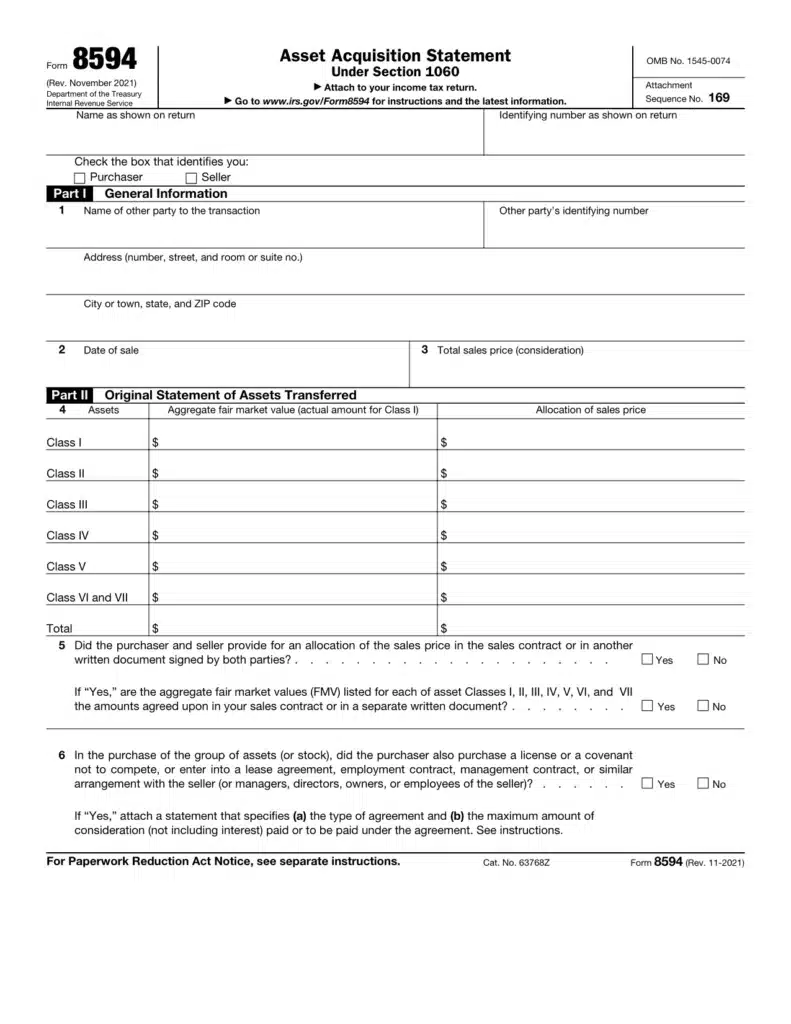 Asset Allocation on Form 8594