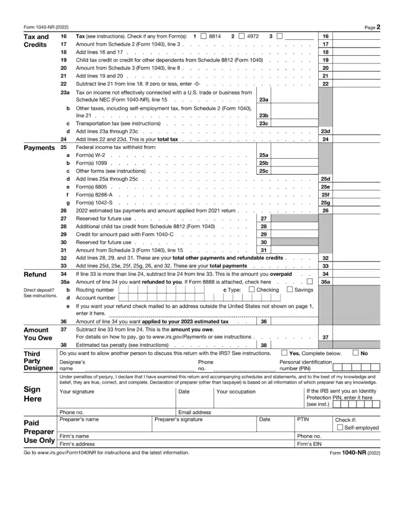 Form 1040NR page 2